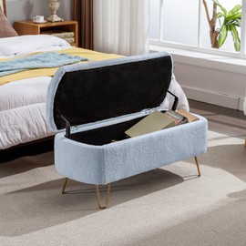 Favfurish Storage Ottoman for End of Bed with Gold Metal Legs,Modern Faux Fur Entryway Bench Upholstered Padded,for Living Room Bedroom， Blue