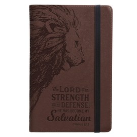 Small Scripture Notebook with Elastic Closure, Strength and Defense Lion, Brown Vegan Leather, Ribbon Bookmark, 192 Lined Pages, Acid Free Paper, approx size: 4" x 6"