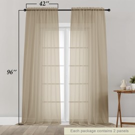 Welvetblk Taupe Sheer Curtains for Bedroom Living Room 96 Inches Long 2 Panels, Modern Airy Soft Lightweight Rod Pocket Light Filtering Sheer Curtains Drapes, Taupe, Each 42" Wx96 L Inch