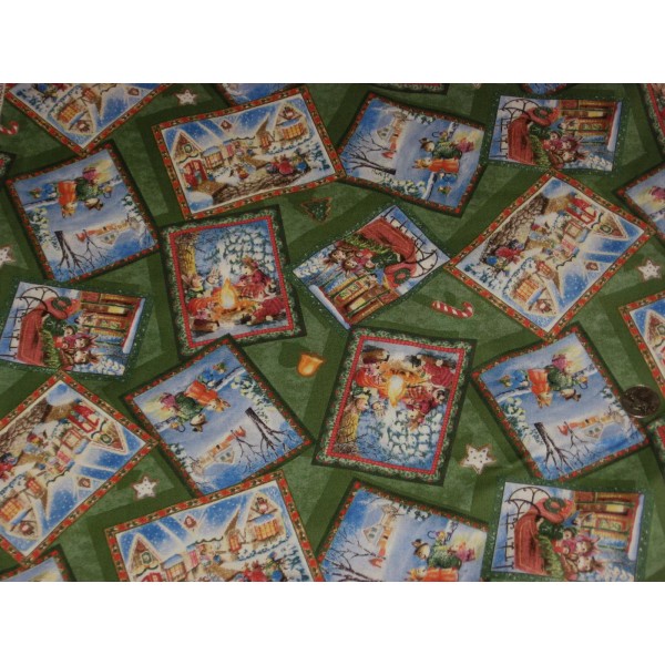CHRISTMAS BUNNY SQUARES ON GREEN - BTHY - 18"X44"