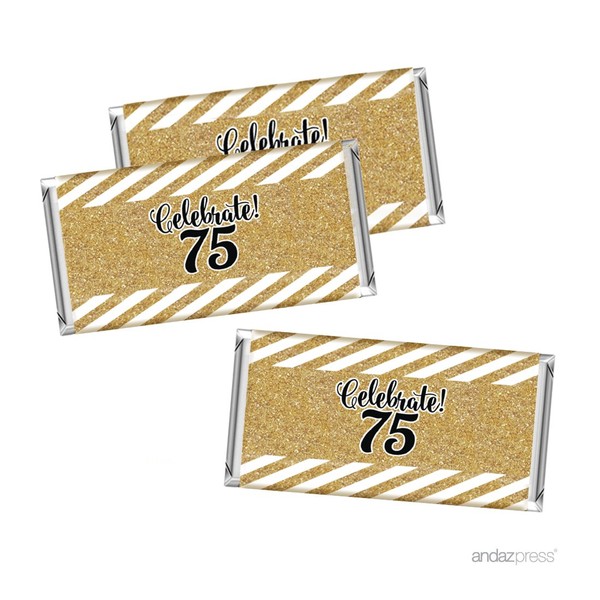 Andaz Press Milestone Chocolate Bar Party Favor Labels Stickers, Celebrate 75, 75th Birthday or Anniversary, 10-Pack, Printed Gold Glitter, Not Real Glitter