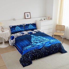 Merry Christmas Kids Comforter Set Queen Size,Snowflake Christmas Tree Bowknot Bedding Set,Girls Boys Adults Xmas Decor,Blue Gradient Line Glitter Down Comforter,Romantic Duvet Insert,2 Pillowcases