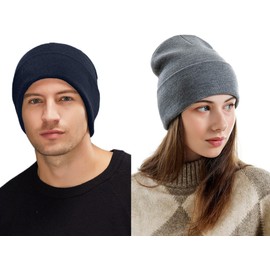 29 IYEBRAO 2-Pack Men's Standard Daily Beanie Hat Classic Cuffed Plain Skull Knit Winter Hat Cap for Men Women Warm Snug Slouchy Soft Headwear Unisex (Dark Gray & Navy Blue)