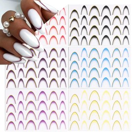 CHANGAR Colorful French Line Nail Art Stickers Gradient French Tip Nail Decals Curved Lines Nail Art Designs 3D Self-Adhesive Nail Tips Guides for Women Manicure Decoration（6 Sheets）
