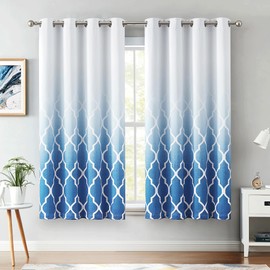 Metro Parlor Ombre Full Blackout Curtains 54 Inches Long 2 Panels for Living Room Bedroom Blue White Moroccan Geo Patterned Room Darkening Thermal Insulated Grommet Top Window Treatment Drapes,52x54