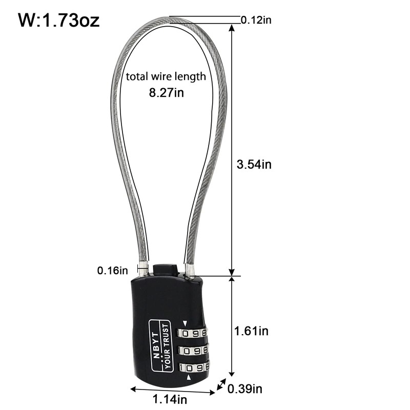 NBYT Wire Combination Lock Padlock, Wire Diameter 3/24", 8.3" Circumference,