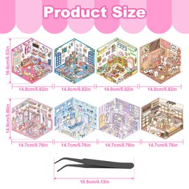 8 Sets 3D Sticker Scenes, DIY 3D House Sticker, Cute Stickers for Adult, Miniature Scene Stickers, Funny Sticker Rooms Book with Tweezers for Relief Stress, Pass The Time (8-Scene)