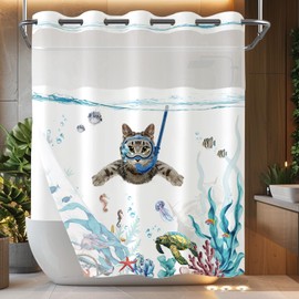 Fowocu No Hook Shower Curtain with Snap in Liner Funny Cat Nautical Shower Curtains for Bathroom Teal Blue Sea Ocean Octopus Starfish Turtle Anchor Fish Waterproof Fabric Bath Curtain Decor 71×74In