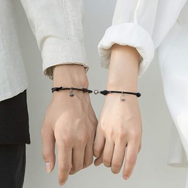 Gleamart Magnetic Couple Bracelets Mutual Attraction Braided Rope Bracelet Set for Women Men Black