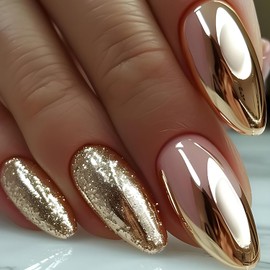 24Pcs Chrome Press on Nails Medium Almond Fake Nails Gold Glitter Acrylic Nails Mirror Metal False Nails Luxury Stiletto Glue on Nails Reusable Artificial Nails for Women Gold Stick on Nails Kit
