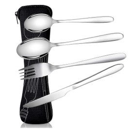 Cutlery Set with Portable Pouch Case, 4 Pcs Stainless Steel Flatware Camping Utensil Set with Portable Pouch – Camping, Travel, Outdoor Dining, Picnic Accessories