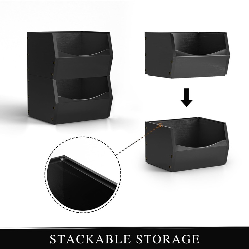 2 Set Open Front Small Stackable Storage Bins, Bamboo Stacking