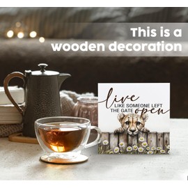 Nitelat Nursery Cheetah Wooden Box Sign, Cute Live Like Someone Left the Gate Open Wooden Signs for Home Decor,Funny Animal Kitchen Bedroom Decor,Cheetah Gifts for Kids Boys Girls, 5x5