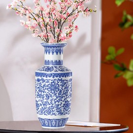 Houlu 10.5 Inch Blue and White Ceramic Flower Vase for Centerpieces, Medium Round Chinese Vase for Flowers and Home Decor - Bottle Vase