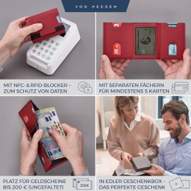 VON HEESEN Slim Wallet with RFID Protection - Card Case for Men and Women - Mini Leather Wallet - Small Wallet - Wallet, red, With XL coin compartment