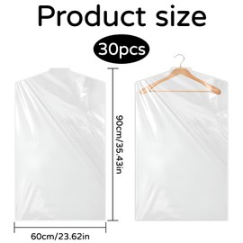 Pack of 30 Garment Covers, 90 x 60 cm Clothes Protective Cover, Transparent Plastic Garment Cover, Garment Bag, Hanging Clothes Protective Cover, Clothes Protective Cover for Dresses, Shirts