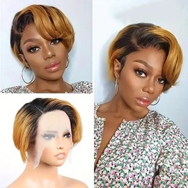 Generic Pixie Cut Human Hair Wigs Wig 13*4*1 Lace Wig Straight Short, T1B 30