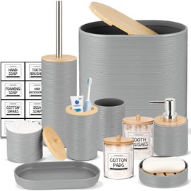 IMAVO Bathroom Accessory Set-11Pcs Grey Bathroom Accessories Set with Trash Can,Soap Dispenser,Soap Dish,Toothbrush Holder,Toothbrush Cup,Toilet Brush Holder,Qtip Holder Dispenser with Labels