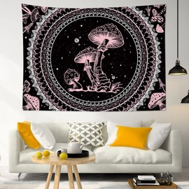 SCECALA Pink Mushroom Tapestry Boho Mandala Pattern with Pink Mushroom Wall Tapestry Black and White Star Tapestry Wall Hanging for Bedroom Living Room Teen Dorm Party Home Decor 60x40 Inch