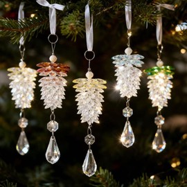 6 Pcs Crystal Ornaments Hanging Acrylic Pine Cone Ornaments with Rope Christmas Tree Decorations Holiday Home Party Decorative Accessories for Xmas Wedding Winter Festival