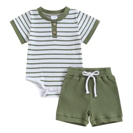 Vioyavo Newborn Baby Boys Girls Summer Outfit Stripe Pattern Short Sleeve Romper+Solid Color Elastic Waist Shorts 2Pcs Clothes Set (Army Green, 0-3 Months)