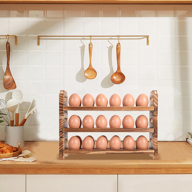 Egg Holder Countertop, 3-Tire Solid Wooden Egg Holder, Stackable Egg