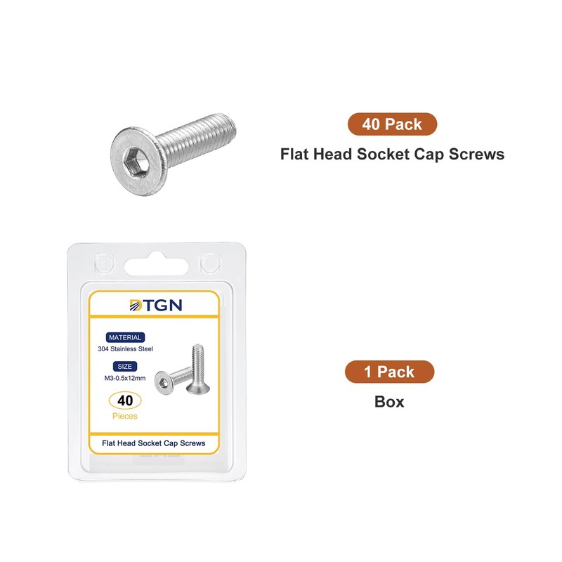 DTGN M3-0.5 x 12mm Flat Head Socket Cap Screws, 40