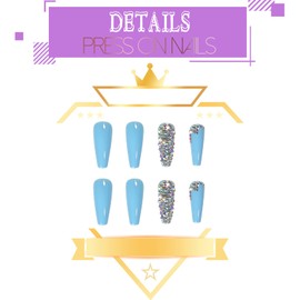 ookizom 24 Pcs Press on Nails Long with Flash Diamond Crystal, Fake Nails Coffin, False Nails with Glue Acrylic Nails for Women and Girls (Sky Blue Full Diamond)