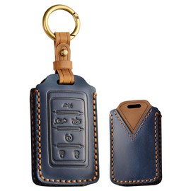 TECART Key Fob Cover with Keychain Leather Key Shell Case Protection Fit For 2024 Jeep Grand Cherokee L Grand Wagoneer, Blue