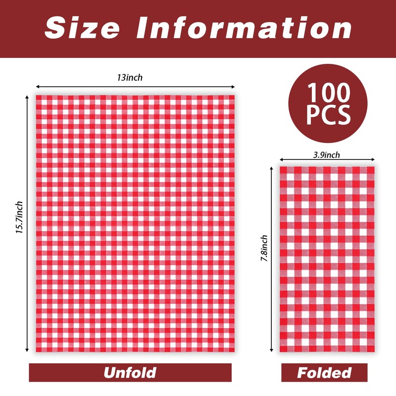 100 Pcs Red Gingham Napkins Disposable - Red and White