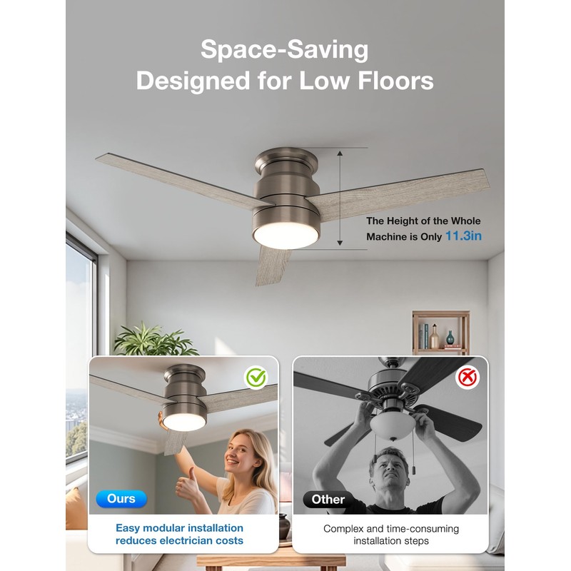 warmiplanet Flush Mount Ceiling Fan with Lights Remote Control, 52-Inch,