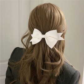 Sttiafay Vintage Satin Hair Bow for Women Large Satin Bow Hair Clips White Bowknot Hair Ribbons Barrette French Bow Hair Accessories Silky Bowknot Tail Hairclips Headdress