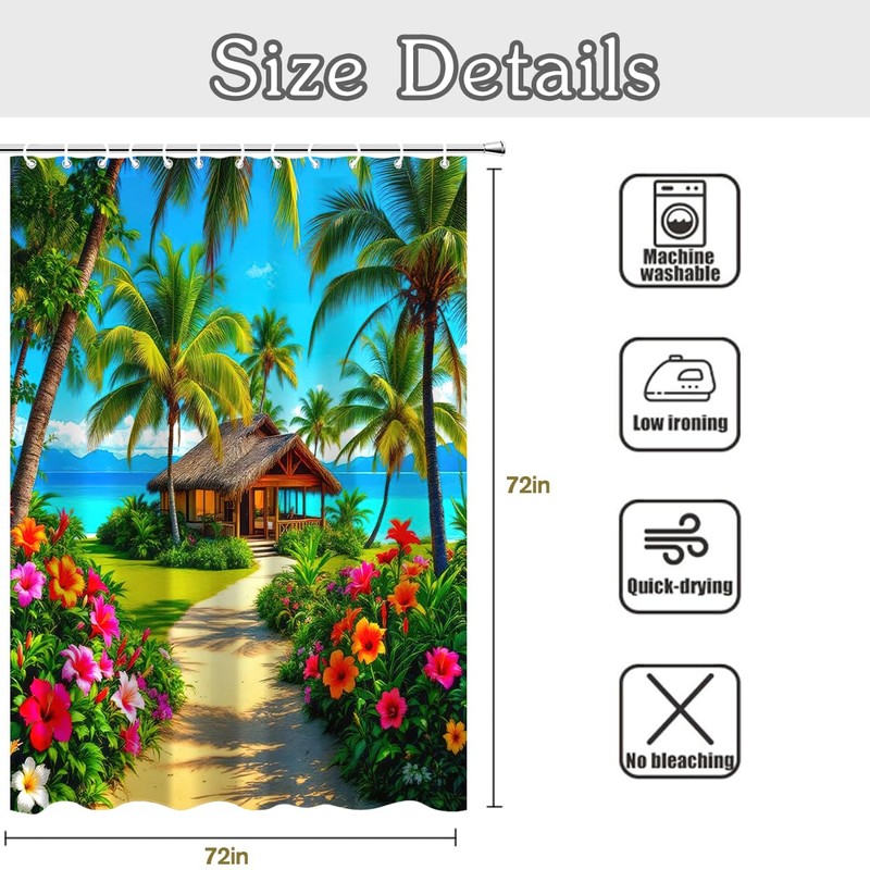 Beach Ocean Palm Tree Shower Curtain Seaside Grass House Floral