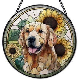 Hiuwevt Golden Retriever Sunflower Suncatcher Stained Glass Window Hanging, Golden Retriever Gifts Sun Catchers Indoor Window Glass Wall Art Decor, Dog Round Wall Hanging Decorations, 7.9x7.9 inch