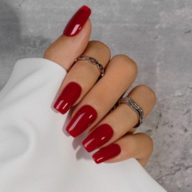 KQueenest Red Press On Nails Long Square - Press On Nails with Glue, Coffin Fake Nails Press ons Medium, Glossy Opaque Wine Red, Reusable Soft Gel Glue on Nails for Women Manicure Gift, 24 Pcs