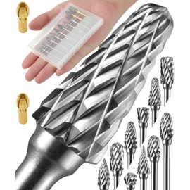 Sworker 10 Pcs Carbide Burr Set 1/8" Shank w/ 2 Collets Compatible with Dremel Bits Rotary Tools Attachment Kit Rasp Drill File Accessories Metal Wood Stone Steel Grinding Carving Cutting Polishing