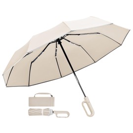 TradMall Travel Umbrella, 280T Fabric Windproof Automatic Portable Compact Folding Umbrellas for Rain with Reflective Stripe for Women and Men, Beige
