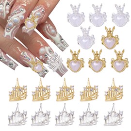20 Pcs Heart Pearl Nail Charms for Nails Art 3D Gold Silver Castle Nail Charms Mixed Design Nail Decorations Shiny Nail Art Charms Nail Supplies for Women Acrylic Nails