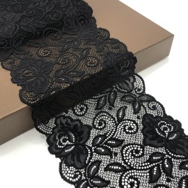 Vupouma 7 Inch Wide Stretch Lace Ribbon Elastic Lace Trim Fabric, Perfect for Crafting, Sewing Making, Garment and Bridal Wedding Decorations - 5 Yards - 8904 (Black)