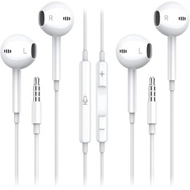 Upgraded Earphones, 3.5mm Jack Wired Earbuds - Mic & Volume Control HiFi Stereo Headset, Noise Cancelling In-Ear Headphones, Heavy Deep Bass Compatible with Galaxy MP3 PC, Laptops & More (2 Pack)