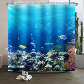 Xiaoterna Ocean Shower Curtain Underwater Marine Life Shower Curtain Sea World Animals Fish Bathroom Curtain Turtles Coral Shower Curtain Machine Washable Waterproof Fabric 105x160cm