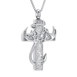XSMZB Cross Cremation Jewelry Urn Necklace for Human Ashes Fish Hook Memorial Urn Pendant Deer Antler Cross Ashes Holder Keepsake Jewelry(Silver)