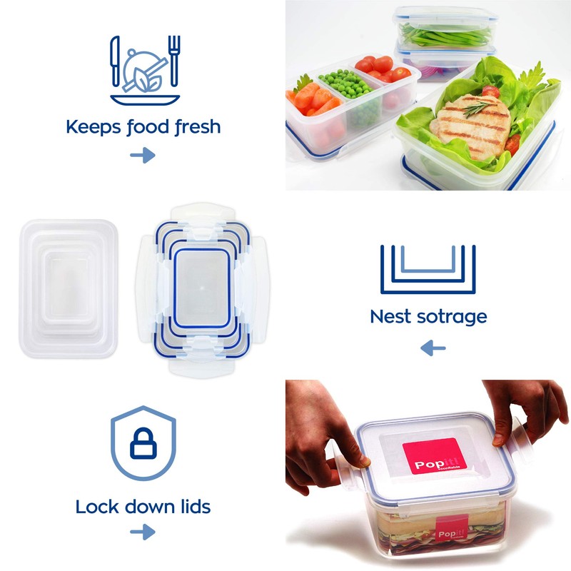 Popit! 8 Clear Food Storage Containers Set, Microwave and Freezer