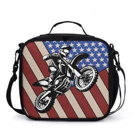 Motorcycle American Flag Lunch Bag Motocross Lunch Boxes for Women/Man Office Work Travel, School, Work, Picnic, Durable Reusable Insulated Large Lunch Tote Bag with Adjustable Shoulder Strap