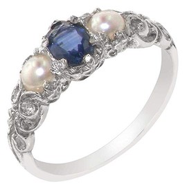 LetsBuyGold 925 Sterling Silver Natural Sapphire and Cultured Pearl Womens Trilogy Ring - Size 5.75