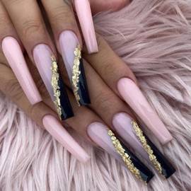 BABALAL Long Press on Coffin Fake Nails - Ombre Acrylic Ballerina Glossy Pink False Nails for Women and Girls