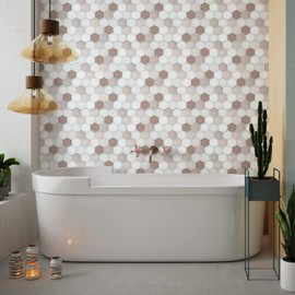 WALPLUS 24 Sheets Peel and Stick Kitchen Backsplash Tile Stickers Self Adhesive Stick on Subway Tile 12" x 6" Bathroom Splashback Water Heat Resistant 3D Wall Tiles Honey Hexa Brown Glossy