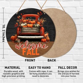 Fall Welcome Sign for Front Door, Fall Round Hanging Sign Decor Truck Autumn Pumpkin Wall Decorations Harvest Thanksgiving Wood Sign for Home, Office, Patio