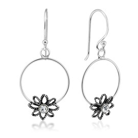 AeraVida 925 Sterling Silver Bloom Flower Dangle Earrings for Women with Clear Cubic Zirconia | Trendy Daily Lightweight Floral Pierced Drop Earrings, Small, Sterling Silver Cubic Zirconia, No