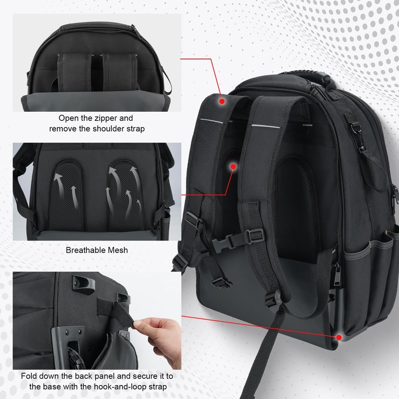 KUNN Tool Backpack with Wheels, Heavy Duty Rolling Tool Bag